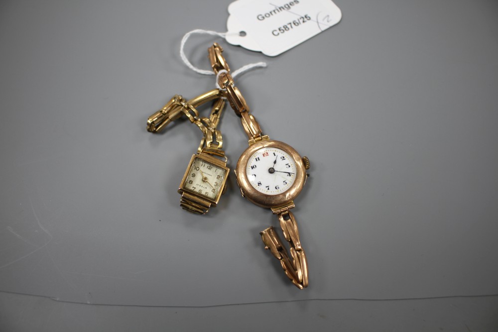 An early 20th century 9ct gold manual wind wrist watch (a.f.) on a 9ct flexible strap and a ladys 18k watch.